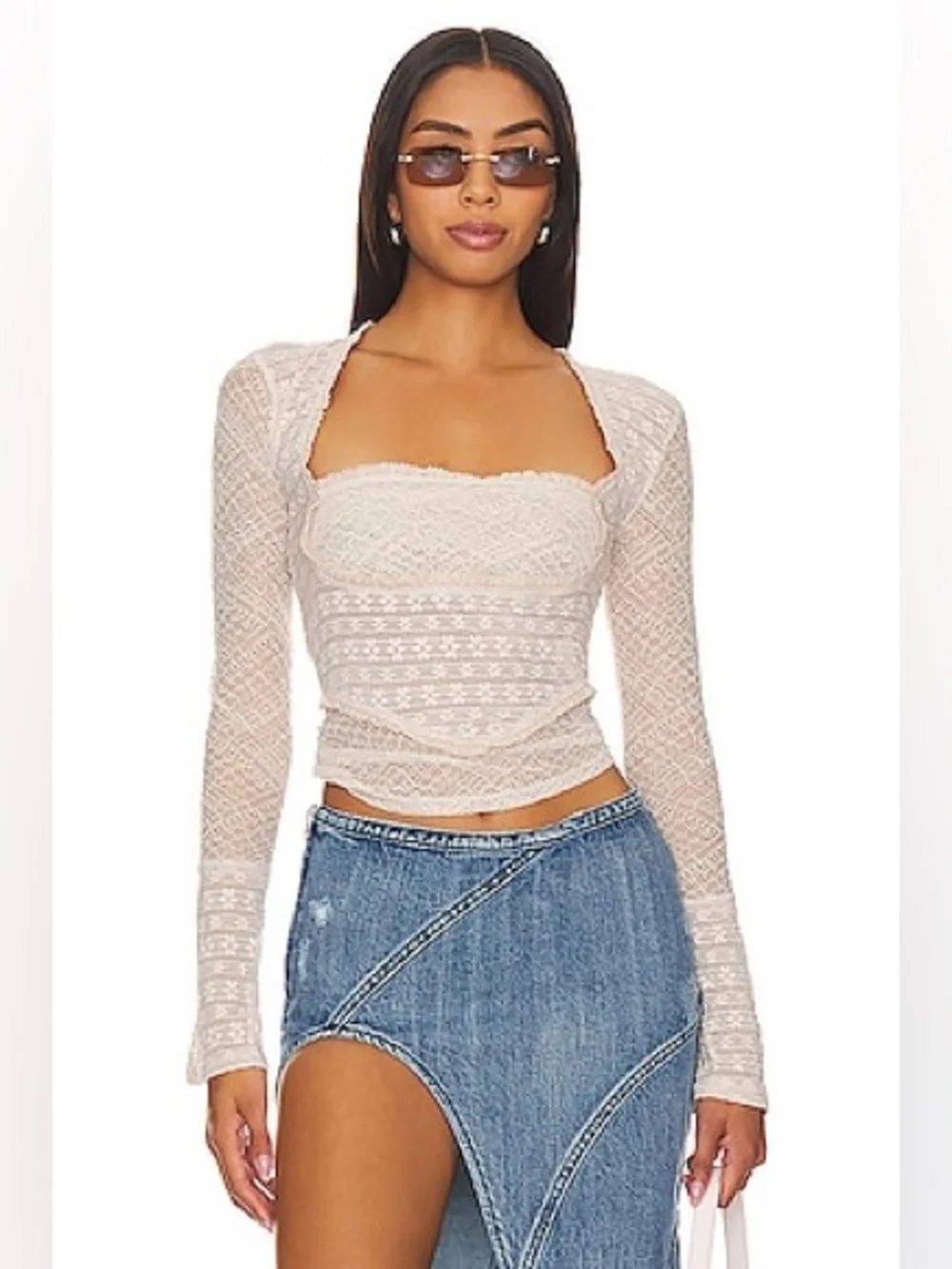 Free People lace long sleeve My Party Top Salt ruffle square neck cropped sheer